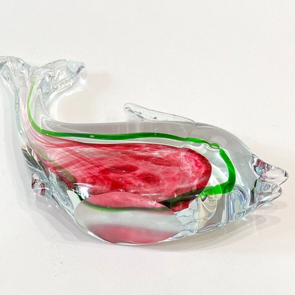 Vintage MCM Murano Fish Art Glass Sculpture Home Decor Green Pink 9 X 7 - Picture 5 of 9